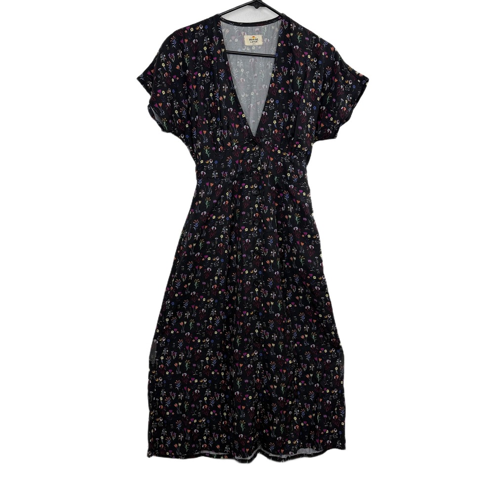 Marine Layer Black Midi Dress with Multicolor Floral Print